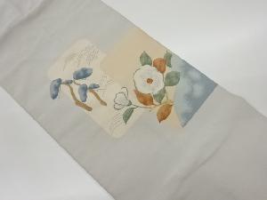 リサイクル　綴れ色紙に椿・松・波模様織出し名古屋帯